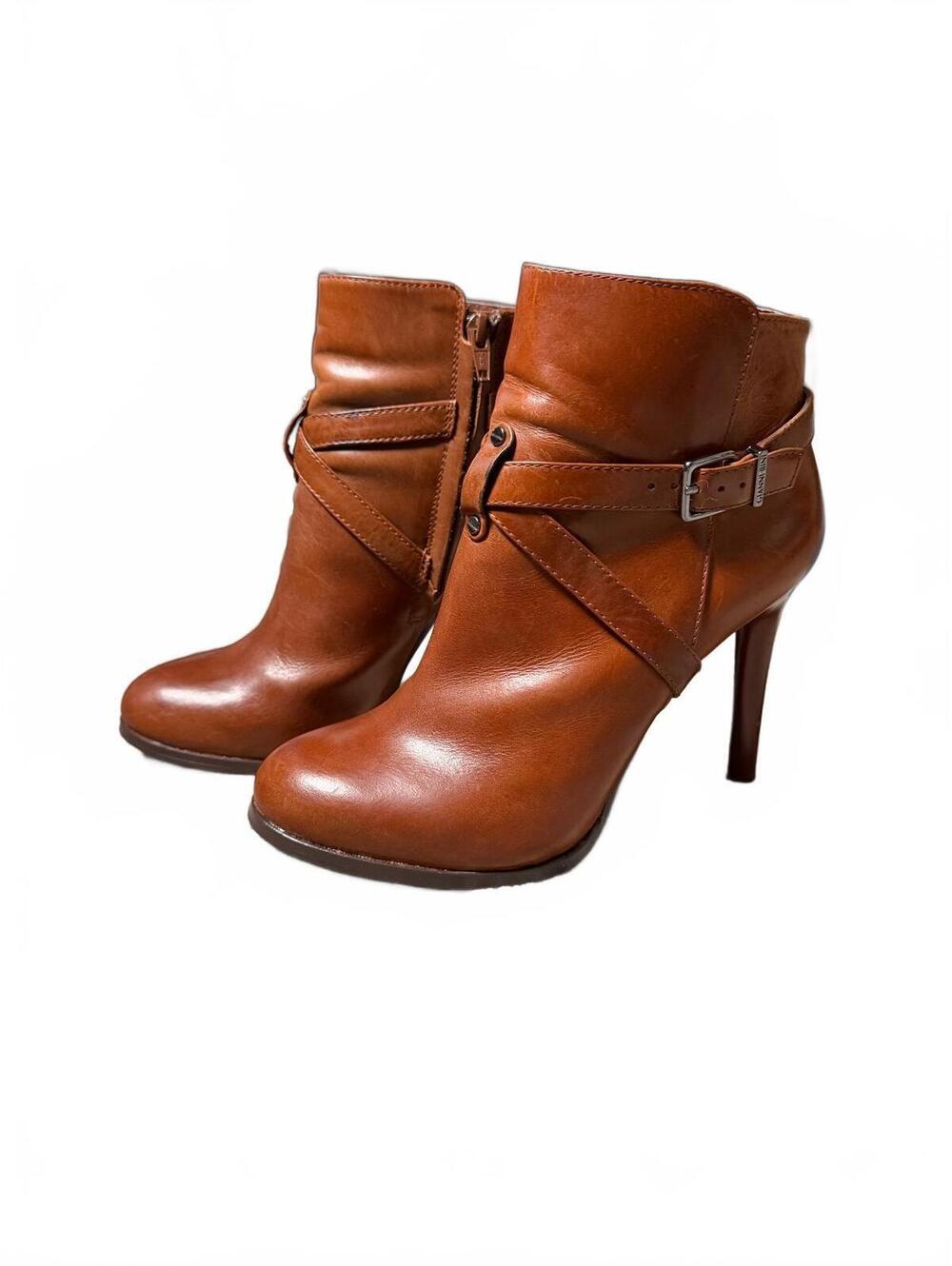 Gianni Bini bootie Cognac Leather 8 crisscross Straps Buckle Bootie 4” Heel